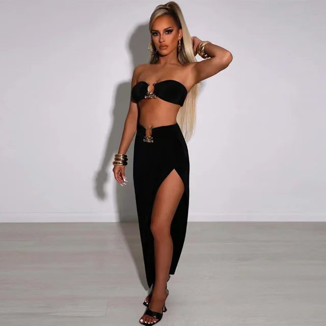 Summer Sexy Fashion Party Split Two Piece Dress Sets Elegant Women Strapless Top And Skirts Outfits Matching Sets Clothes
