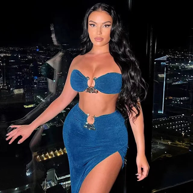 Summer Sexy Fashion Party Split Two Piece Dress Sets Elegant Women Strapless Top And Skirts Outfits Matching Sets Clothes