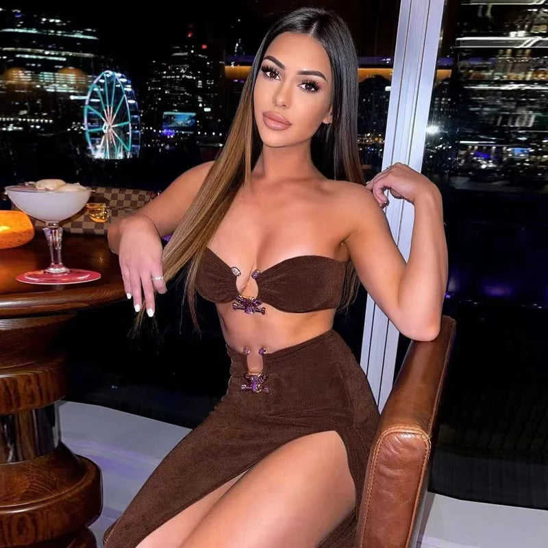 Summer Sexy Fashion Party Split Two Piece Dress Sets Elegant Women Strapless Top And Skirts Outfits Matching Sets Clothes