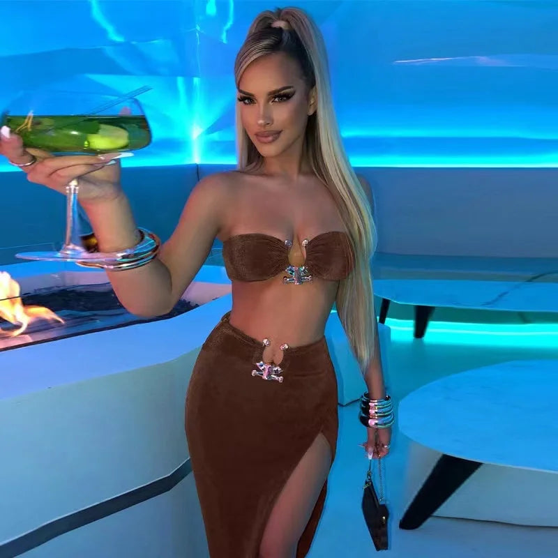 Summer Sexy Fashion Party Split Two Piece Dress Sets Elegant Women Strapless Top And Skirts Outfits Matching Sets Clothes