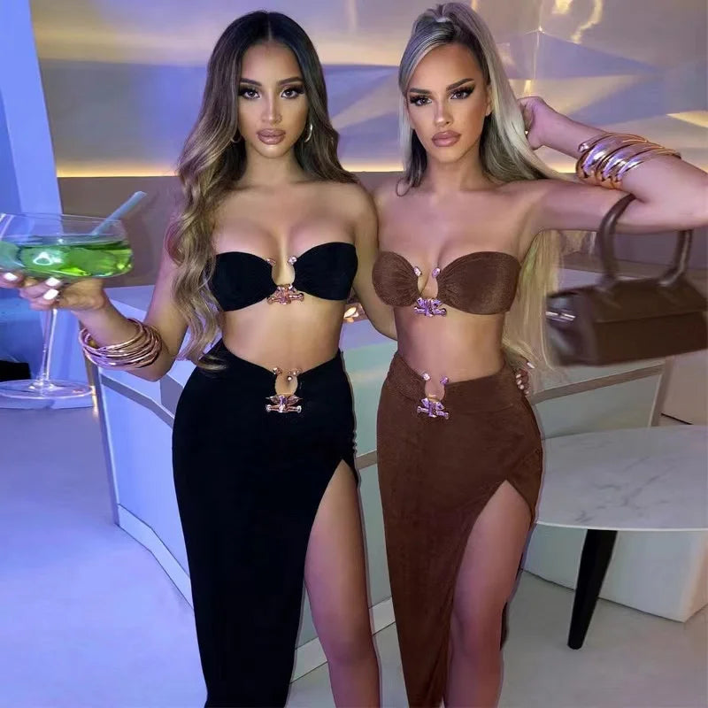 Summer Sexy Fashion Party Split Two Piece Dress Sets Elegant Women Strapless Top And Skirts Outfits Matching Sets Clothes