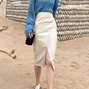 Faux Leather Skirts Women Fashion Split Designed Straight PU Shirt Fall Jupe High Waist Solid Elegant Slim Autumn Faldas Mujer