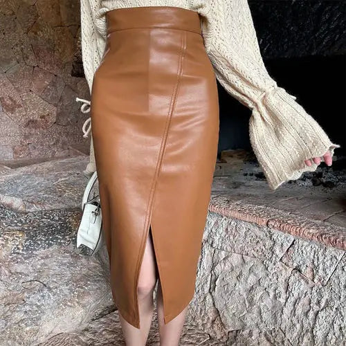 Faux Leather Skirts Women Fashion Split Designed Straight PU Shirt Fall Jupe High Waist Solid Elegant Slim Autumn Faldas Mujer