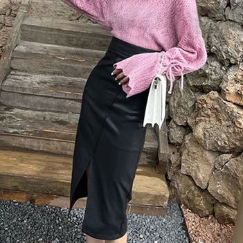 Faux Leather Skirts Women Fashion Split Designed Straight PU Shirt Fall Jupe High Waist Solid Elegant Slim Autumn Faldas Mujer