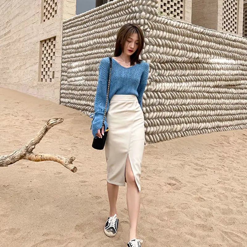 Faux Leather Skirts Women Fashion Split Designed Straight PU Shirt Fall Jupe High Waist Solid Elegant Slim Autumn Faldas Mujer