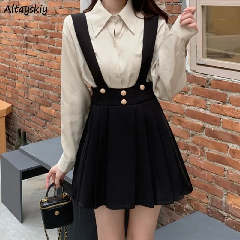 Pleated Skirts Women Strap Mini Design Preppy Fashion Girlish Japanese Style Kawaii Young Elegant Harajuku Retro Ins Summer